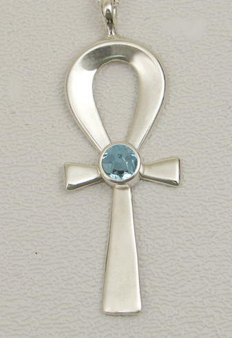 Sterling Silver Ankh Pendant With Blue Topaz and